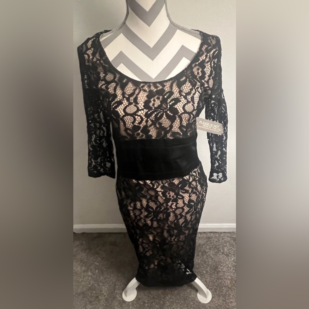 Eva Mendes NY &CoSheath Lace Overlay Black Dress Cocktail 3/4 Sleeves Midi 6 NWT
